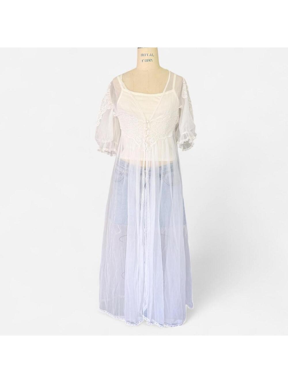 Vintage White Sheer Lace Peignoir Robe Dressing Gown